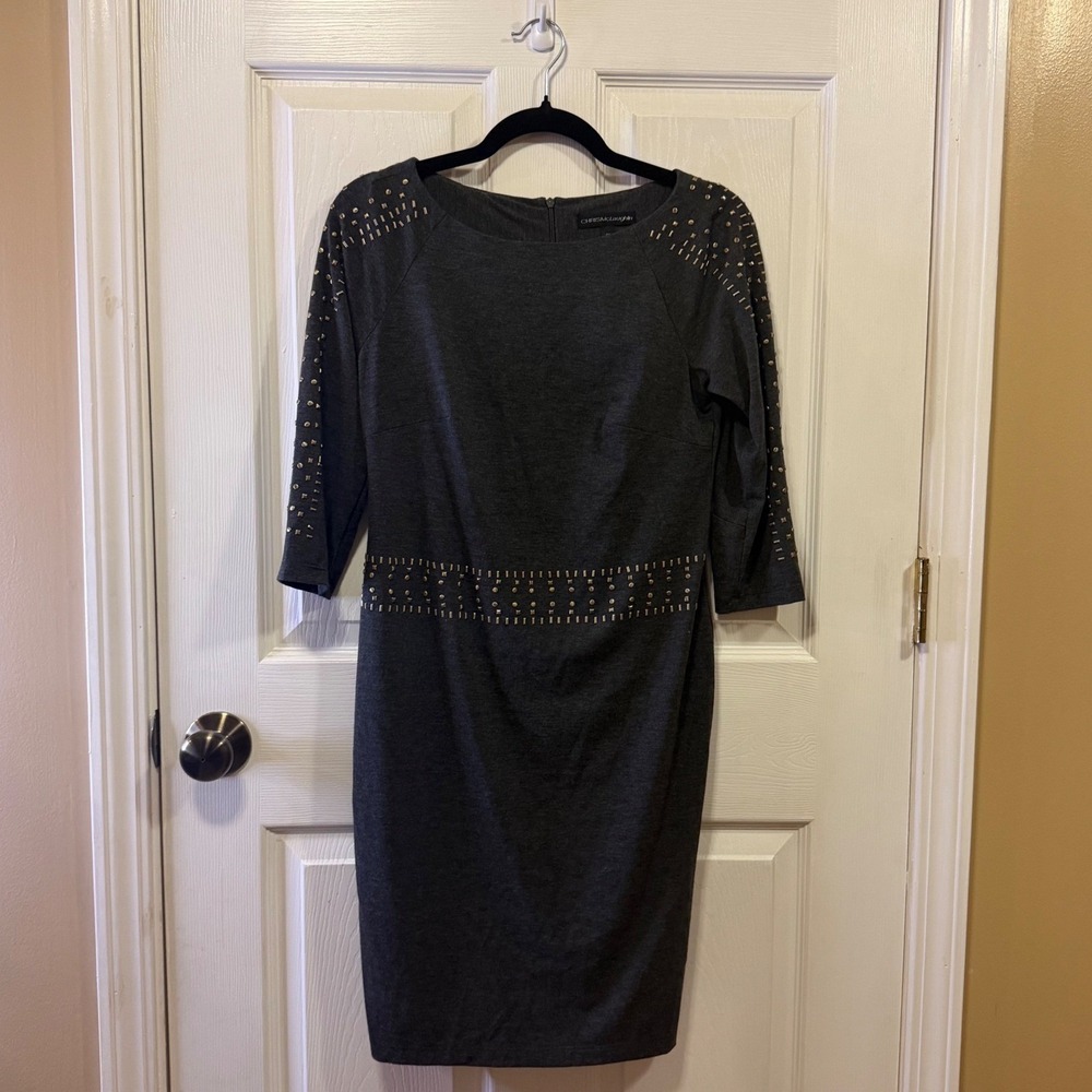 Chris McLaughlin Charcoal Gray Studded Sheath Dress 4P 3/4 Sleeve Workwear Knee